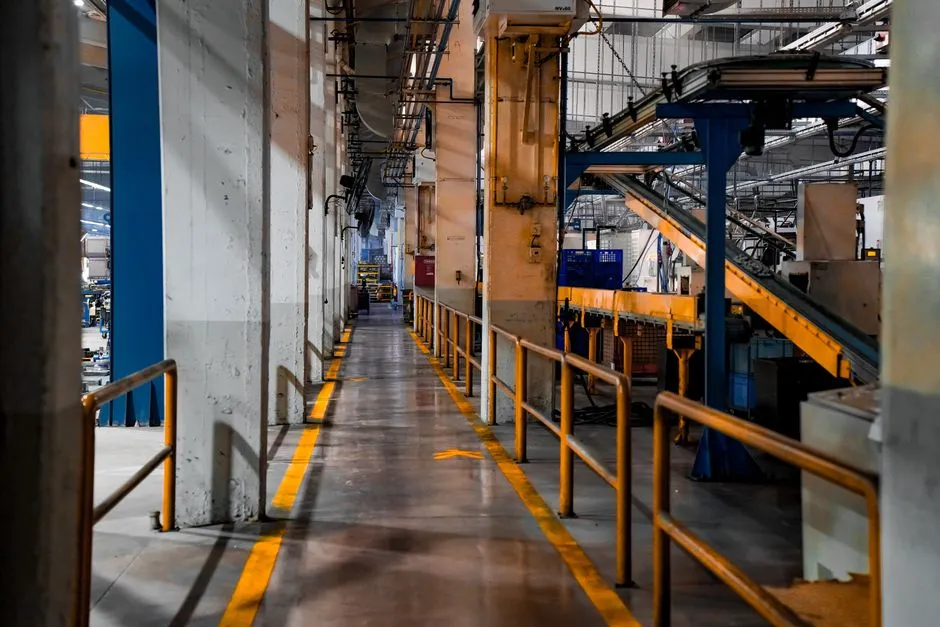Wide view of a modern factory interior showcasing industrial machinery and conveyor systems.